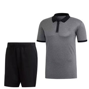Men's Gray Striped Polo Shirt With Black Shorts Set Breathable 100% Polyester Adult Leisurewear - Product Image 1