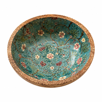 Bol à salade écologique en bois de manguier imprimé émail floral, fait main, sûr pour les aliments, pour fêtes, fruits, salades, cuisine et salle à manger
