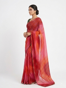 Traditional <b>Red</b> Pink Digital Printed Silk Saree Green <b>Blouse</b> <b>Women</b> Wedding Wear India Pakistan Style Floor Length 7 Days Sample - Product Image 3