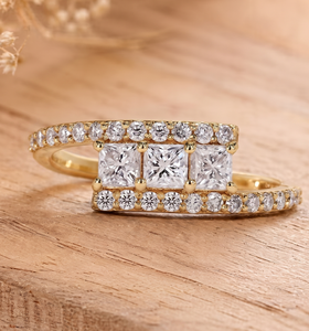 Wonderful IGI Certified Princess & Round Lab Diamond 10K 14K 18K Solid Gold Moissanite <b>Three</b> Stone Bypass Ring Engagement Band - Product Image 1