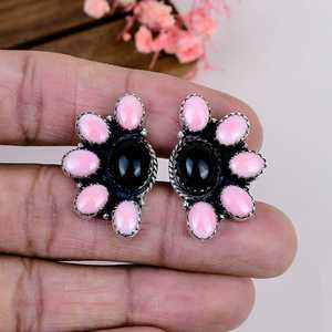 Pink Conch Black Onyx Sterling <b>Silver</b> <b>Stud</b> <b>Earrings</b> Southwestern Boho Jewelry - Product Image 5