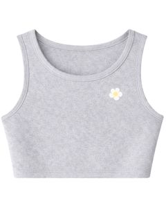 Conjunto de dos piezas para mujer: top corto acanalado y shorts con cordón, gris claro con bordado de margaritas, estilo casual y personalizable. - Product Image 4