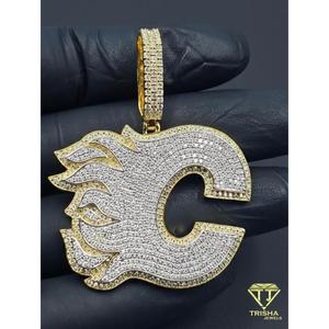 Lab Grown Diamond Iced Out " C " <b>Initial</b> Flame Pendant Hip Hop <b>Necklace</b> Luxury Bling Chain Custom Letter Gift - Product Image 2