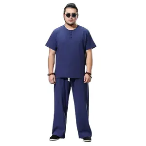 Abbigliamento uomo di alta qualità di grandi dimensioni tuta grande lino camicia sovrappeso casual maschile elastico 2 pezzi Set