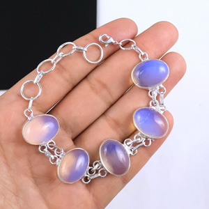 Bracelet à maillons en opalite naturelle ovale, plaqué argent sterling 925, fait main, bijoux tendance pour femme - Product Image 1
