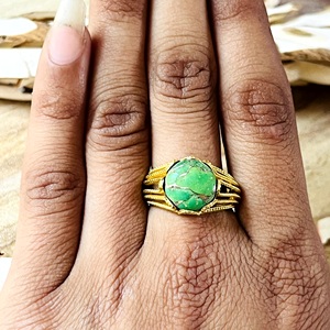 Fashionable Bohemia Green Turquoise Natural Stone <b>Rings</b> Women 18K Gold Plated Daily Wear Ethnic <b>Statement</b> Band Wholesale/OEM/ODM - Product Image 6