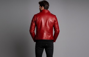 Veste formelle rouge en cuir tressé pour homme, col montant, lavée, écologique, respirante, coupe-vent, avec fermeture éclair, personnalisable - Product Image 2