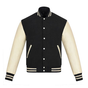 Chaqueta Universitaria de Béisbol Personalizada de Alta Calidad para Hombre, Chaqueta Bomber con Mangas de Cuero Negro, Cuello Alto, Estilo Universitario, Venta al por Mayor - Product Image 1