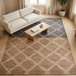 พรมปูพื้น DECORDEC สีเทาอมน้ำตาลแบบทูโทน ทำจากขนสัตว์ เป็นมิตรต่อสิ่งแวดล้อม และกันลื่น  ถักทอด้วยมือ ลายตารางเรขาคณิต - Product Image 4