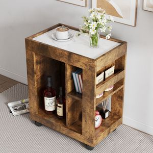 Mid-Century Modern Movable <b>Side</b> Cabinet for Sofa Brown Household Trolley Storage Locker Shelf for Living Room - Product Image 2
