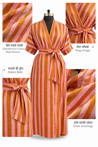 ชุดกิโมโนลายทาง คอวี มีสายรัด กระเป๋าข้าง แขนครึ่งแขน ผ้าฝ้ายพิมพ์ลายบล็อกด้วยมือ ชุดเดรสลำลองสำหรับผู้หญิง ผลงานชิ้นเอก - Product Image 4