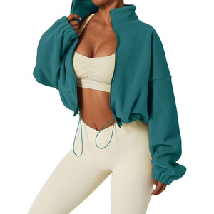 Women's <b>Teal</b> Fleece Zip-Up Crop Sweatshirt Oversized Stand Collar Drop-Shoulder Full Sleeve Autumn Wear Solid Color Unlined - Product Image 3
