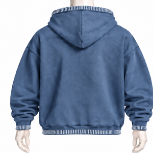 Denim Blue Stitched Border Distressed Pullover <b>Hoodie</b> <b>Oversized</b> Sweatshirt Contrast <b>Stitch</b> Kangaroo Pocket Modern Streetwear Top - Product Image 2