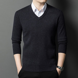 Pull en laine pure à 100 % pour homme, col en V, tricot fin et lisse, uni, manches longues, doux, chaud, anti-boulochage, pour l'hiver, style business décontracté - Product Image 6