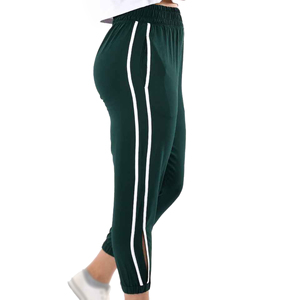 High Waist Dark Green Side Stripe Calf-Length <b>Yoga</b> <b>Pants</b> Breathable Elastic Waist Solid Color Spandex Polyester Fitness <b>Pants</b> - Product Image 2
