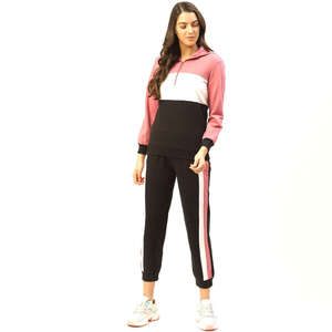Ensemble de survêtement pour femme à blocs de couleur avec capuche, 2 pièces, manches longues, tricoté, sportif, décontracté, coupe régulière, toutes saisons - Product Image 1