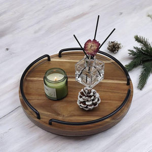 Most Selling Round Wooden Serving Tray with Iron Handles <b>Medium</b> <b>Brown</b> Decorative Coffee Table Tray for Export Sale - Product Image 5
