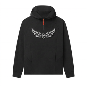 Men's <b>Black</b> Hooded Quarter Zip <b>Sweatshirt</b> Regular Fit Fleece Long Sleeve Casual Autumn Wear - Product Image 2