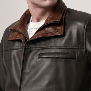 เสื้อแจ็คเก็ตหนังสีน้ำตาลเข้มสำหรับผู้ชาย พร้อมปกด้านในสีแทนตัดกัน หนังแกะแท้ ทรงเข้ารูป สวมใส่สบายในฤดูใบไม้ร่วงและฤดูหนาว สไตล์ลำลองแบบนักขี่มอเตอร์ไซค์ - Product Image 5
