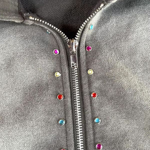 เสื้อฮู้ดซิปสีเทาแบบยูนิเซ็กซ์ขายส่ง ล้างสีแบบแอซิดวอช ประดับด้วยคริสตัล สไตล์สตรีทแวร์สั่งทำได้ คุณภาพพรีเมียม - Product Image 4