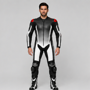 Combinaison de moto pour homme en cuir PU noir et blanc, à capuche, séchage rapide, respirante, coupe ajustée, coupe-vent, col rond, color block, streetwear - Product Image 1