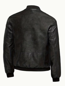 TRIBON SPORTS Men's Black Cowhide <b>Leather</b> Bomber <b>Jacket</b> Stand Collar Zipper Closure Slim Fit Regular Sleeve Casual <b>Winter</b> - Product Image 2