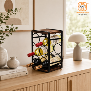 KHP Modern Industrial Wood and Iron Countertop Wine Rack 6-Bottle <b>Tabletop</b> Holder Small Premium Wine Display Shelf for Home Bar - Product Image 6
