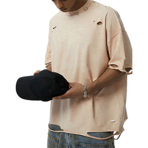 100% Cotton Oversized T-shirt Ripped Hole Distressed Metal <b>Ring</b> Accent Design Neck for Men - Product Image 6