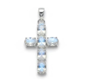 Colgante de Cruz de Piedra Lunar Arcoíris Chapado en Rodio de Plata 925, Corte Ovalado con Engaste de Garras, Joyería Religiosa Unisex Estilo Cristiano Rhaya - Product Image 1