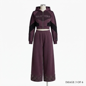 <b>Women</b> Two Piece Zip Up Hooded Tracksuit Set Color Block Crop Hoodie Wide Leg <b>Jogger</b> Pants Rhinestone Detail - Product Image 4