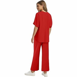 Women Red Knitted Casual Two Piece Set O-Neck Short Sleeve Loose <b>Top</b> Wide Leg Pants Solid Color Breathable All Seasons Wear OEM - Product Image 3