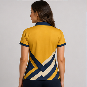 Polo Personalizado para Mujer en Amarillo Mostaza y Azul Oscuro con Diseño Chevron, de Secado Rápido, Transpirable, Manga Corta, Uniforme para Equipo de Golf WPS-0860 - Product Image 2