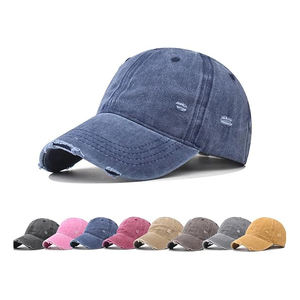 Gorra de béisbol de 5 paneles de mezclilla azul lavada, desgastada, con agujeros rotos, estilo retro, de algodón, para papá, de perfil bajo, sin estructura, transpirable e impermeable. - Product Image 1