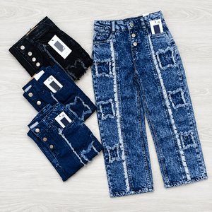 Ropa para Niñas, Moda Moderna, Pantalones Vaqueros Anchos con Parches y Estampado Geométrico, Venta al por Mayor de Lotes de Ropa Vaquera Infantil - Product Image 6
