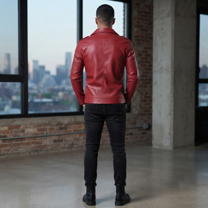 Custom Red Faux <b>Leather</b> Biker <b>Jacket</b> High Design Collar Slim Fit Coat With Belted Casual Outerwear For Unisex Comfort Wear - Product Image 6
