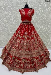 Robe de mariée en soie brodée rouge, style Lehenga Choli, longueur ras du sol, coupe trapèze, richement perlée, style Banarasi, avec dupatta, pour la mariée et les fêtes - Product Image 3