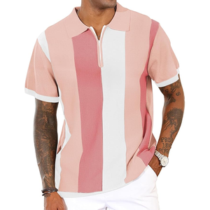 <b>Men's</b> Pink White Striped Knitted Short Sleeve Polo Shirt Casual Zipper Design Regular Fit - Product Image 4
