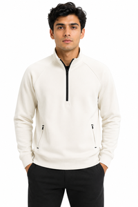 เสื้อสเวตเชิ้ตผู้ชายแบบคอตั้ง แบรนด์ Livster รุ่น Quarter Zip ซิปหน้าครึ่งตัว ผ้าถัก สีขาว แต่งซิปสีดำสไตล์ลำลองสำหรับเล่นกีฬา - Product Image 1
