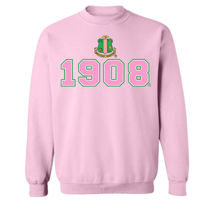 Sudadera AKA 1908 Crest Crew, Sudadera de Forro Polar Premium, Ropa de la Hermandad Griega, Bordado Personalizado, Cuello Redondo, Rosa Claro y Verde - Product Image 1