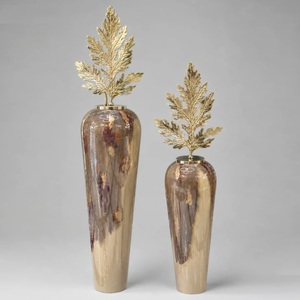 Paire de vases hauts en verre ambré, urnes à fleurs modernes, décorations de mariage, ornements d'entrée, vases de luxe à effet craquelé - Product Image 2