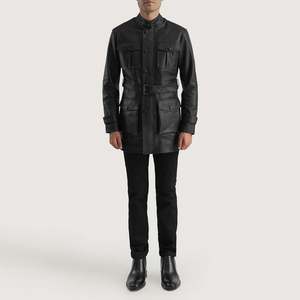 Men's Genuine Leather <b>Jacket</b> <b>Mandarin</b> <b>Collar</b> Long Length Workwear Style Solid Color Autumn Wear Button Closure Regular Fit - Product Image 6