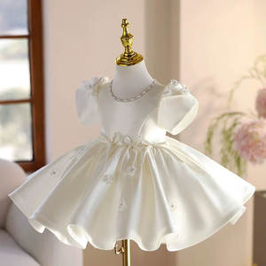 Robe de demoiselle d'honneur en satin blanc, robe courte bouffante de princesse avec col en perles, tenue d'anniversaire et de mariage pour enfant de 1 à 12 ans - Product Image 2