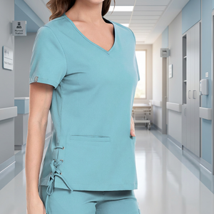 Blusa Médica de Manga Corta con Cuello en V para Mujer, con Cordones Laterales y Bolsillo, Uniforme de Enfermería para Hospital - Product Image 2