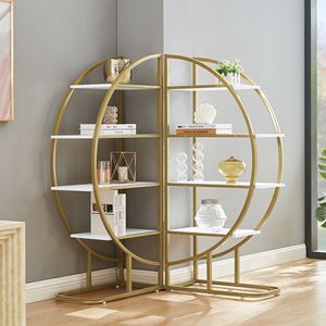 Libreria Aperta a 4 Ripiani per Casa e Ufficio, Forma Rotonda con Posizionamento Versatile, Pannello in MDF Resistente, Struttura in Metallo Dorato con Finitura Bianca - Product Image 1