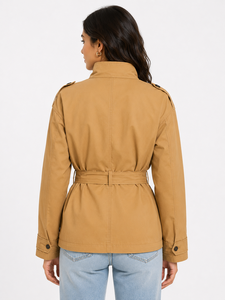 Abrigo Trench Utilitario Camel para Mujer, Cuello Alto, Manga Larga, Cinturón, Cortavientos, Color Sólido, Cierre con Botones - Product Image 3