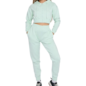 Ensemble jogging et sweat-shirt court à capuche vert menthe pour femme, manches longues, molletonné, décontracté, 2 pièces, couleur unie, coupe classique - Product Image 3