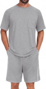 Conjunto de Pijama de Dos Piezas para Hombre, Talla Grande, Verano, Casual, 100% Algodón, Tejido de Punto, Color Sólido, Gris, Camiseta de Manga Corta y Pantalones Cortos - Product Image 4