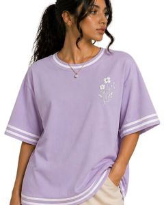 Customized Lavender Floral Embroidered Oversized T Shirt Women Contrast Stripe Crew Neck Casual Loose Fit Cotton Summer <b>Top</b> - Product Image 1