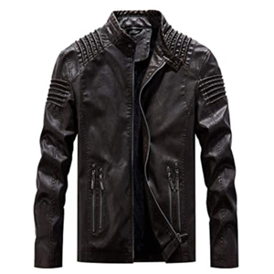 Chaqueta de Cuero PU para Hombre, Corte Ajustado, Estilo Motero, Cuello Alto, Cierre de Cremallera, Color Sólido, Manga Regular, para Otoño - Product Image 2