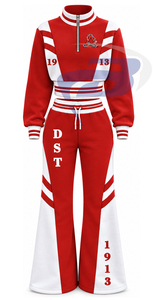 Delta |   Sigma |   Ensemble de survêtement rouge et blanc pour femmes Theta Sorority, manches longues, demi-zip, cordon de serrage, jogging, tenue décontractée sportive - Product Image 1